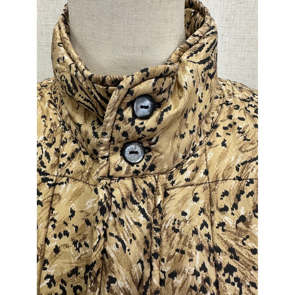 Clio Vintage 90s Quilted Jacket Medium Tan Vintage Animal Print Silk Puffer Coat - Picture 4 of 16
